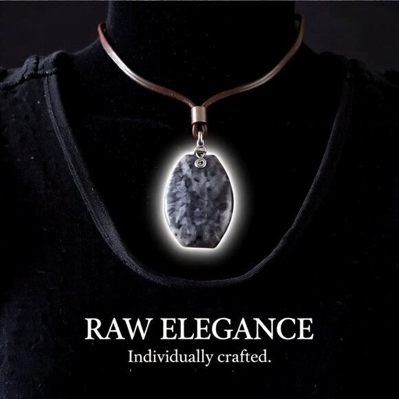 Hand Crafted Other - Minimalist Larvikite Pendant on Rawhide Leather Cord - Unisex - Black & Grey